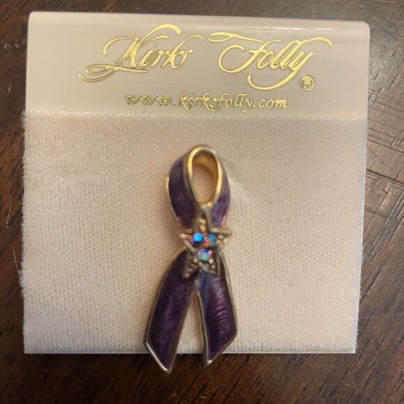 Kirk' Folly Lapel Pin - Purple Ribbon w/Rhinestones - Picture 1 of 2